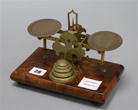 A set of Victorian brass and walnut postal scales and weights length 20.5cm